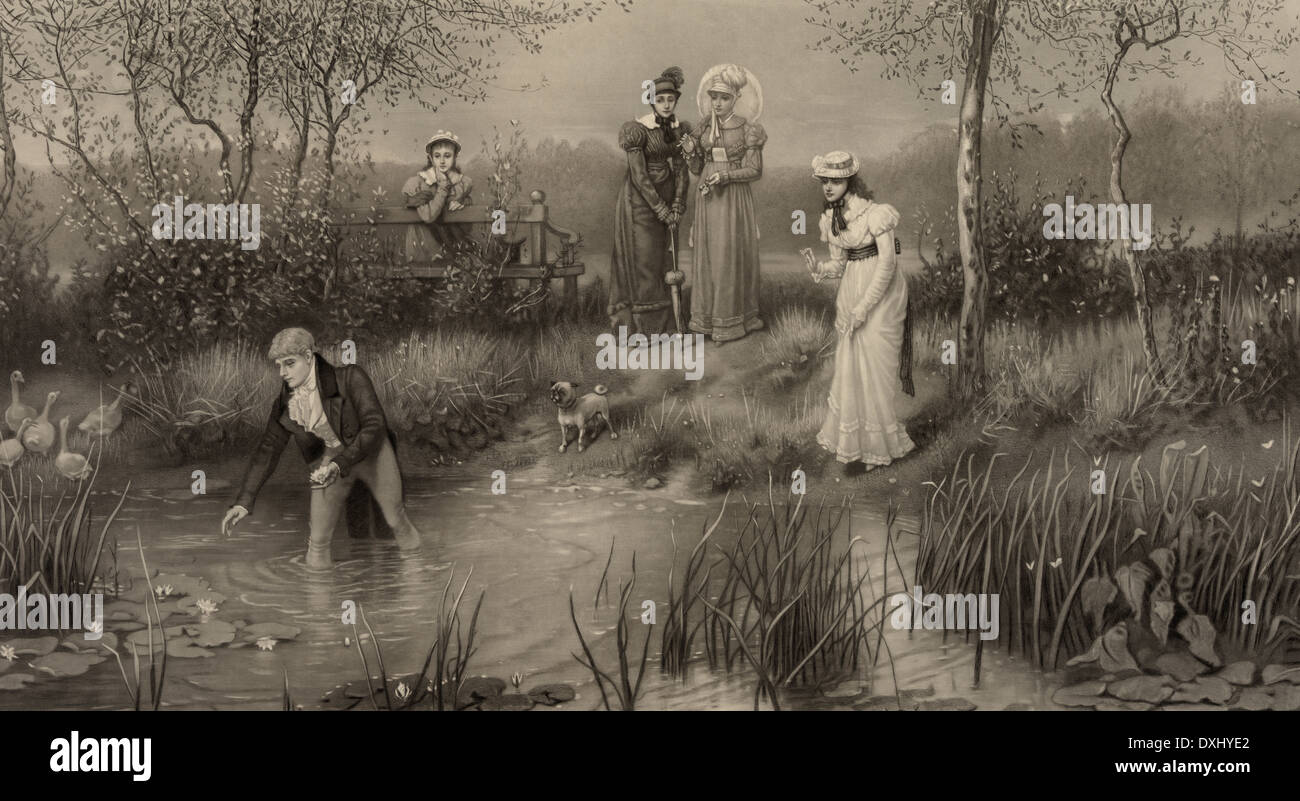 L'âge de la galanterie - un monsieur patauge dans l'eau pour cueillir des fleurs pour une dame, 1881 Banque D'Images