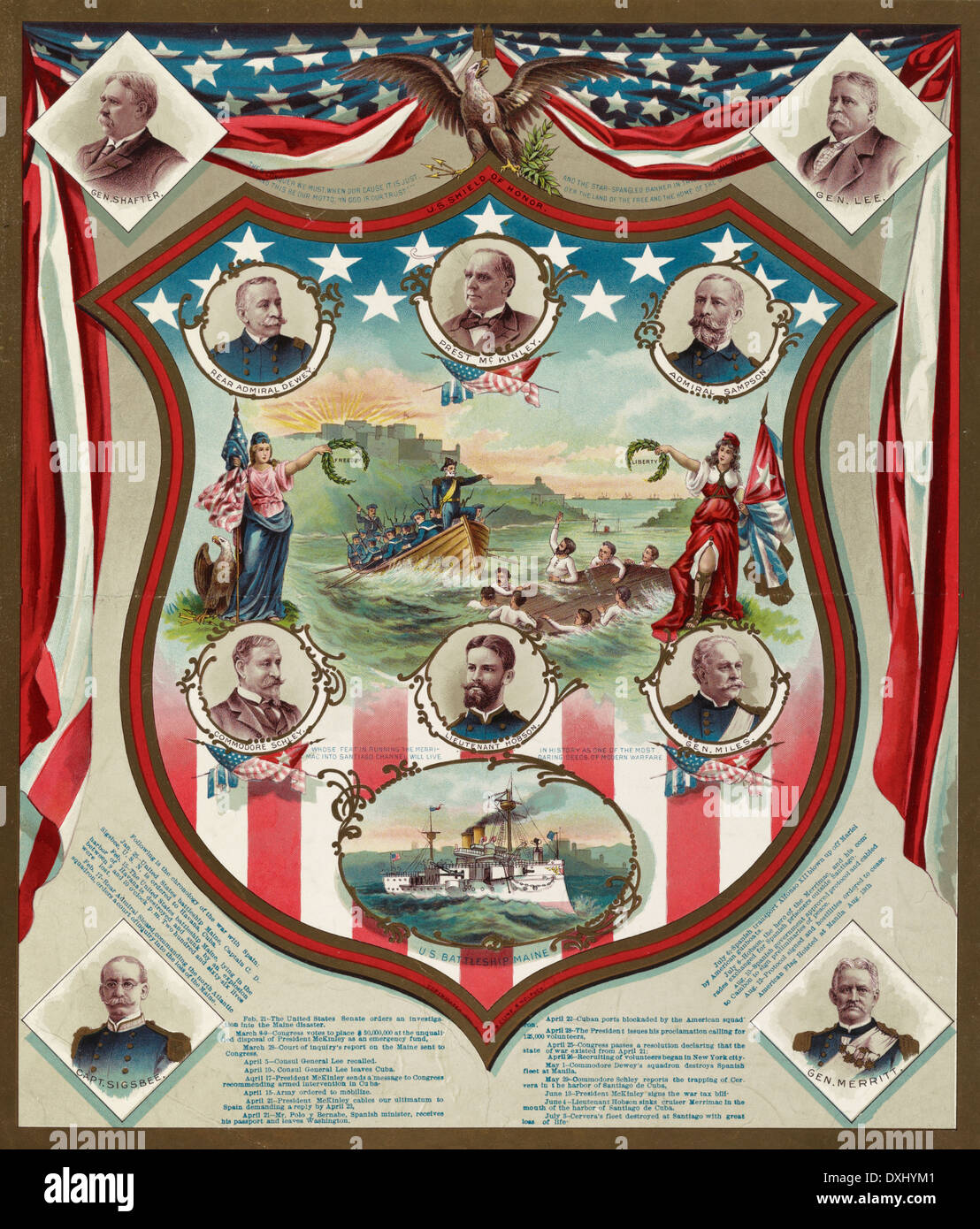 USA Bouclier d'honneur - affiche illustrant les héros et les batailles de la guerre hispano-américaine, 1898 Banque D'Images