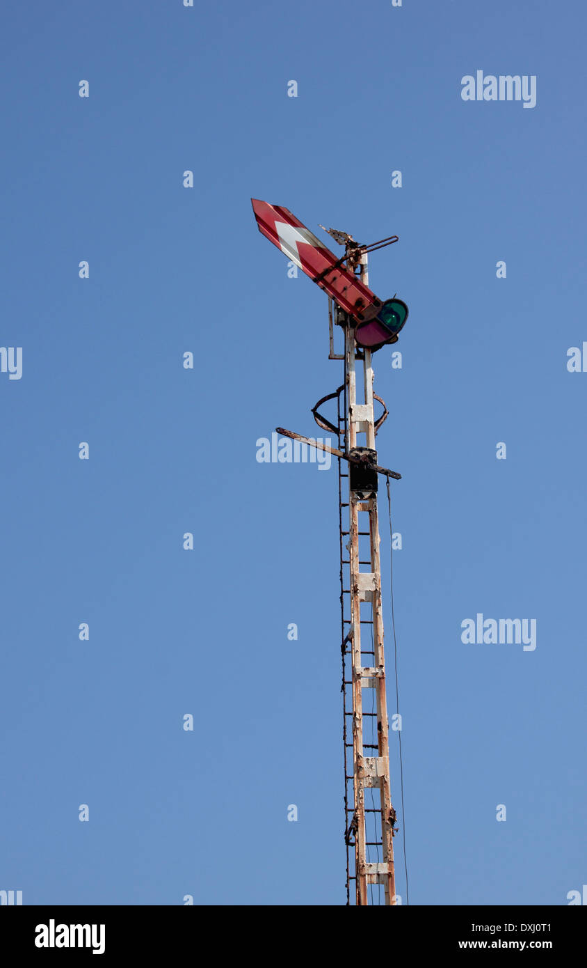 Signal de fer rouge et blanc contre le ciel bleu Banque D'Images