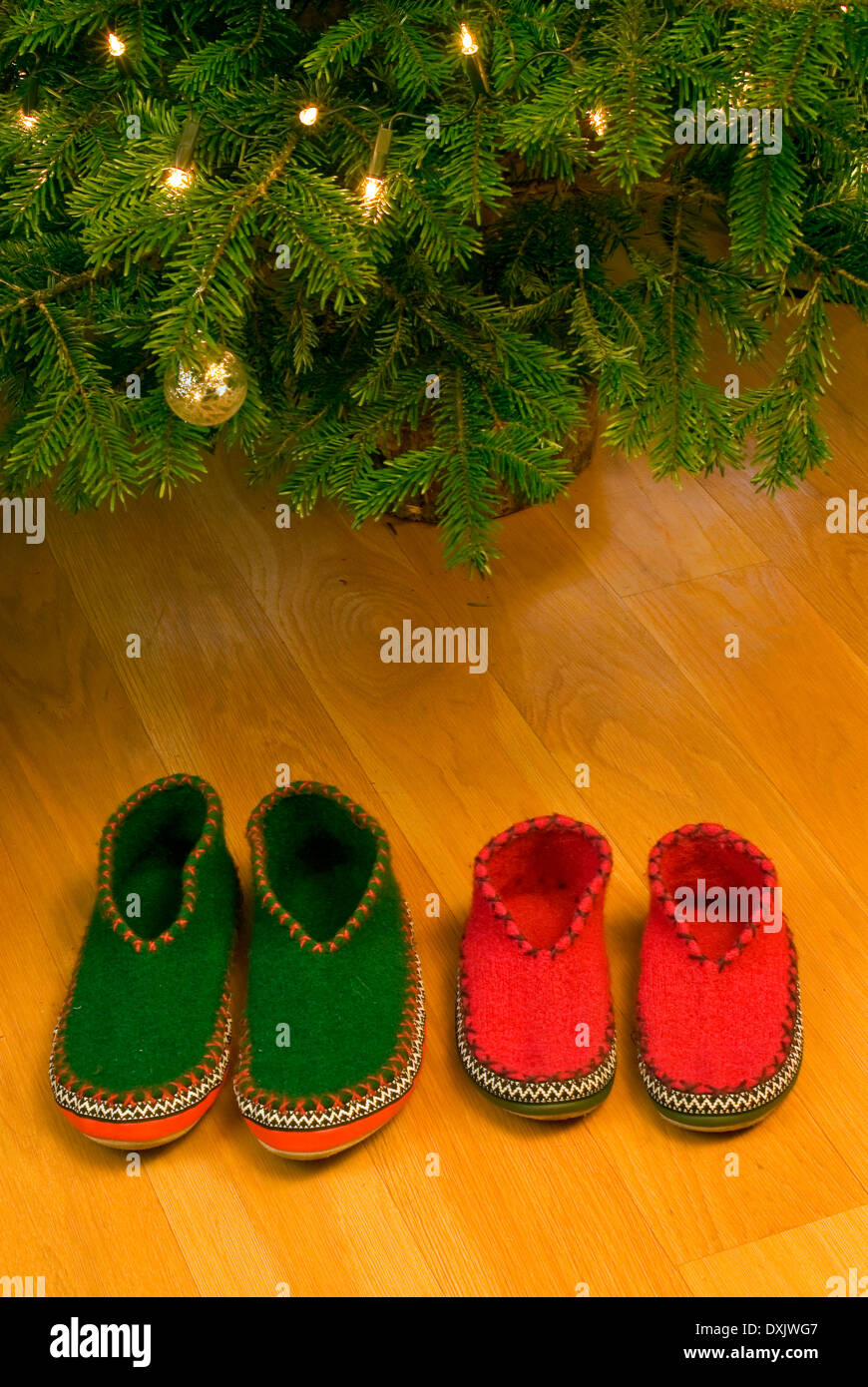 Deux paires de chaussons en vertu de l'arbre de Noël Banque D'Images