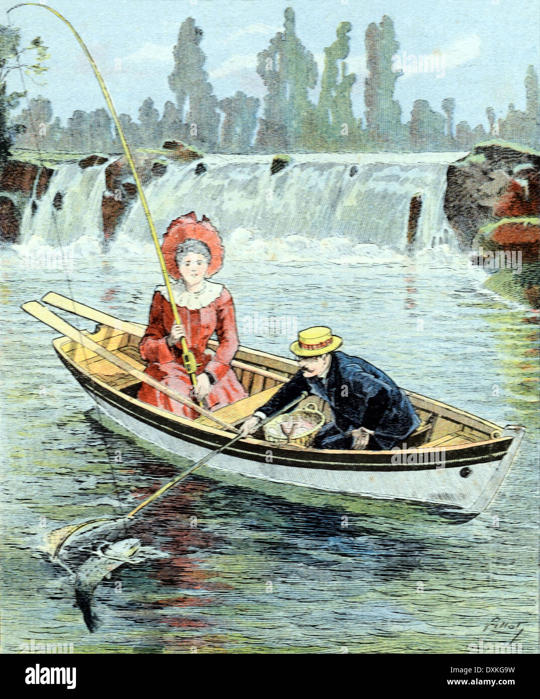 Illustration de la pêche au saumon en Angleterre c1910 Banque D'Images