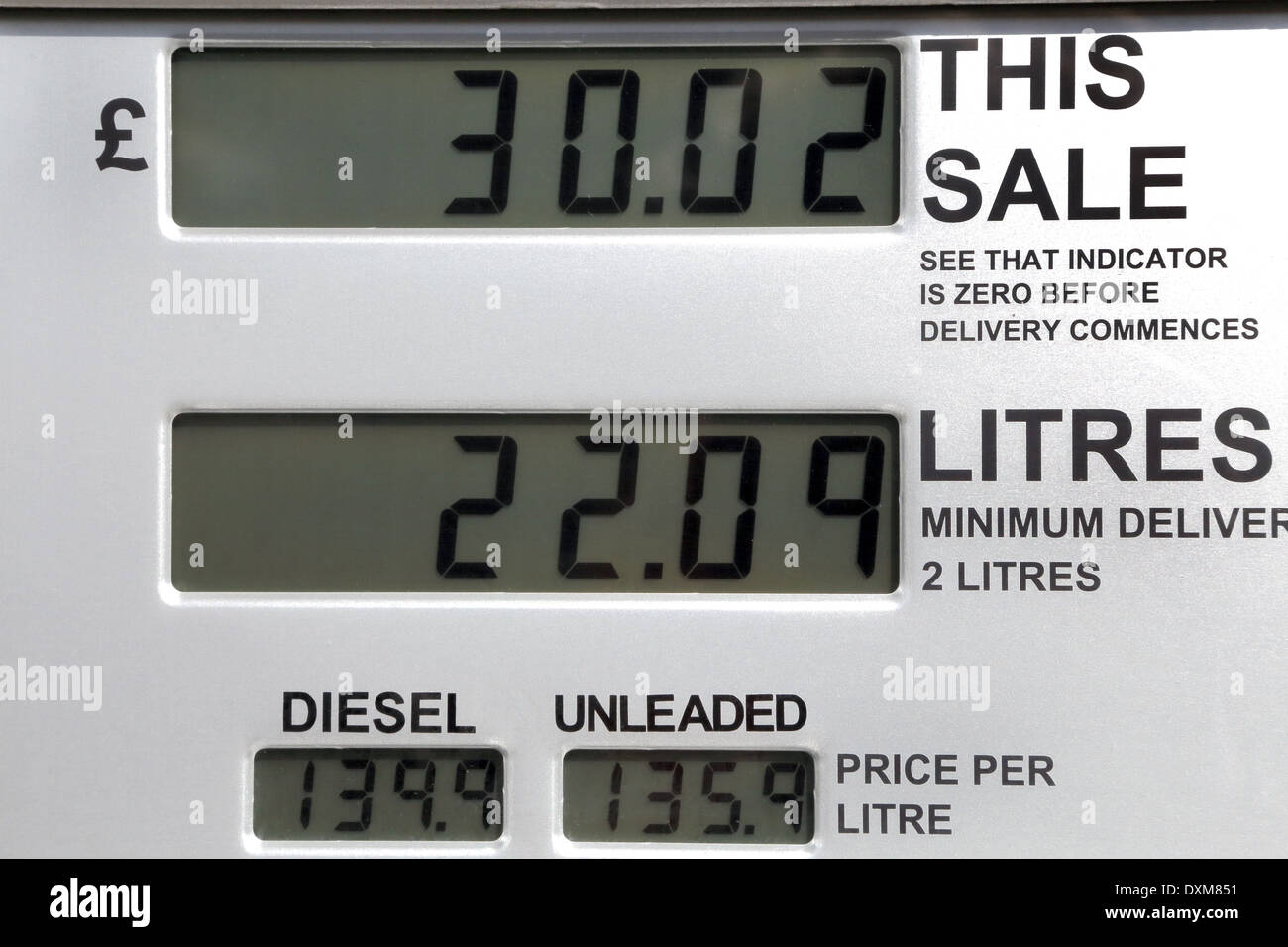 Affichage sur une station de remplissage pompe à carburant Photo Stock