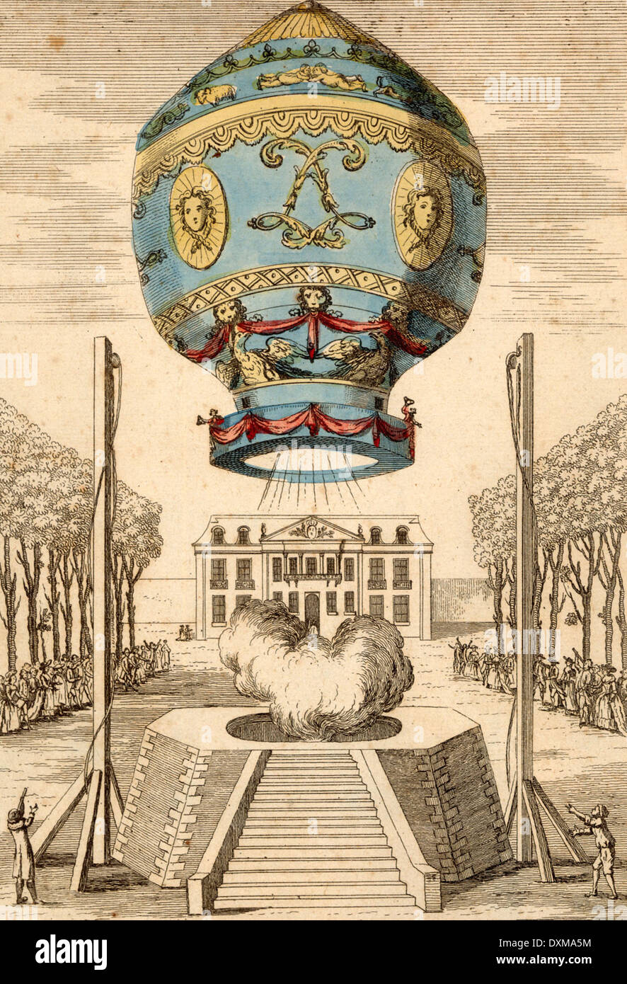 Les premiers êtres humains à prendre l'air en vol libre le 21 novembre 1783 à bord d'un ballon Montgolfier. Banque D'Images