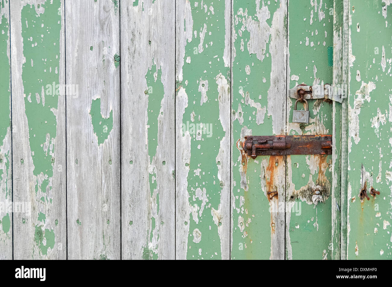 Porte en bois patiné vert peeling paint avec rusty vis et Banque D'Images