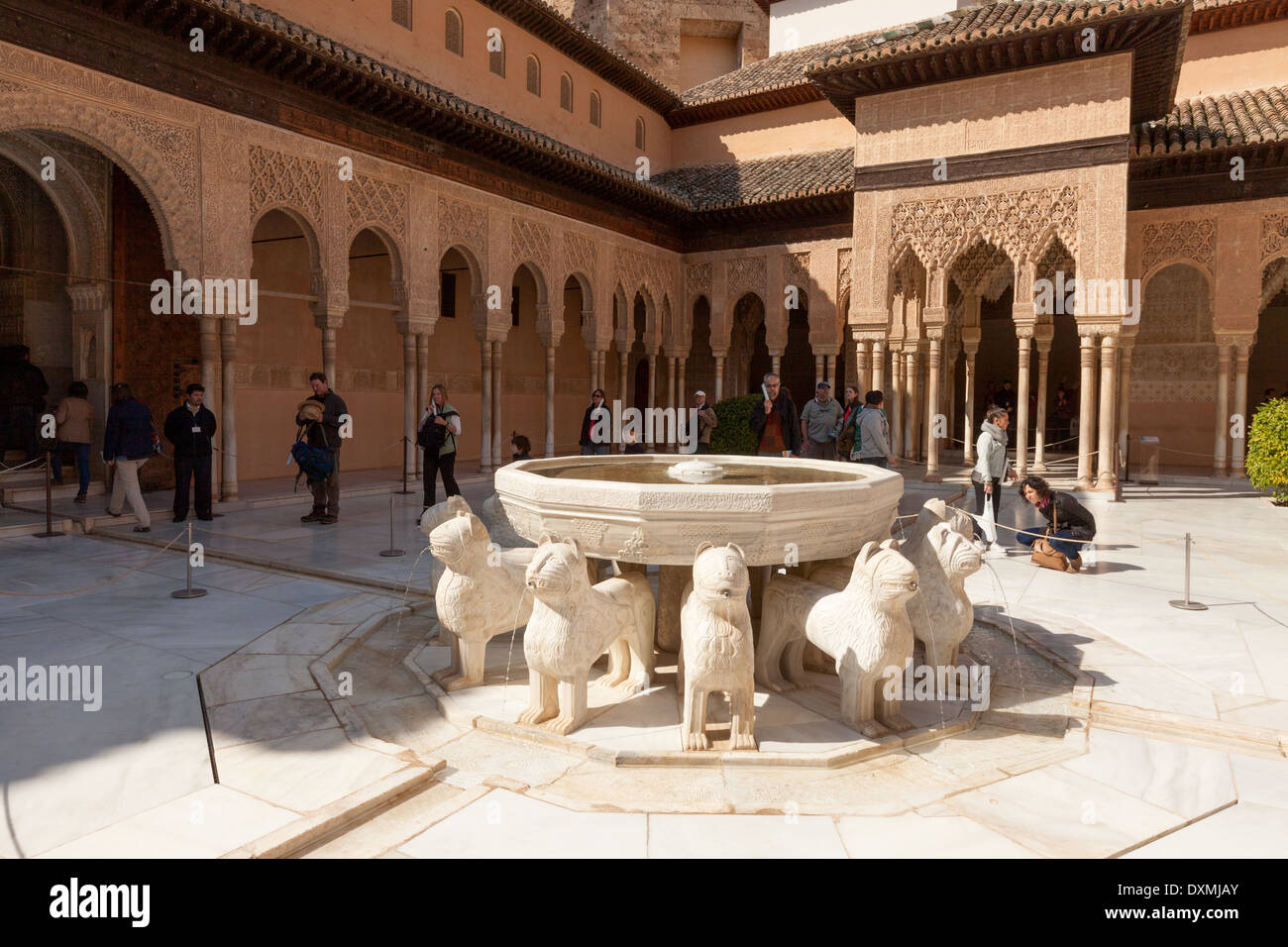 La Cour des Lions, ou perte de Patio Leones, les Palais Nasrides, Palais de l'Alhambra, Grenade, Andalousie Espagne Europe Banque D'Images