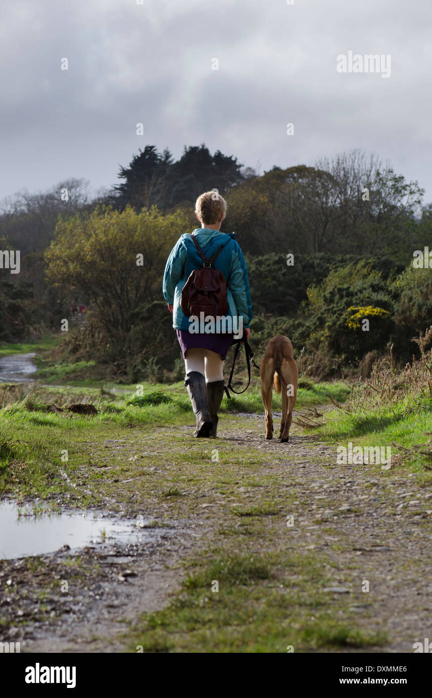 Une femme et son chien marcher sur le bord d'Ennerdale dans le Lake District Banque D'Images