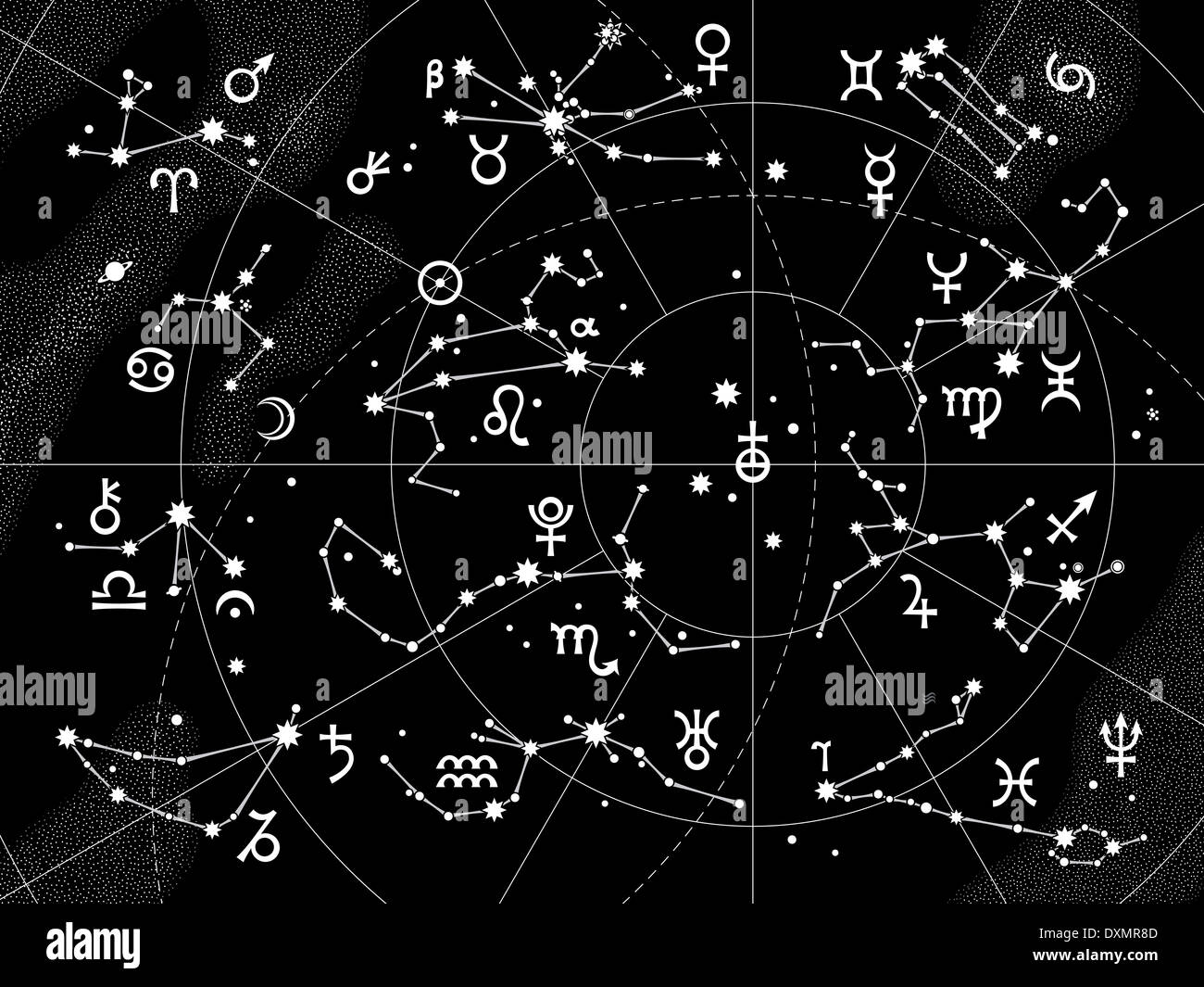 XII des constellations de zodiaque et ses planètes les souverains. Tableau céleste astrologique. Banque D'Images