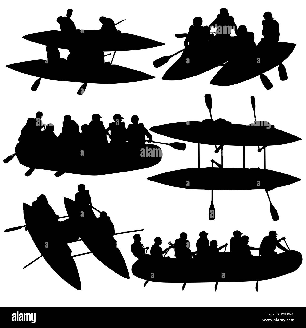 Les gens silhouettes rafteurs sur catamaran, bateaux et kayaks. Vector illustration. Banque D'Images