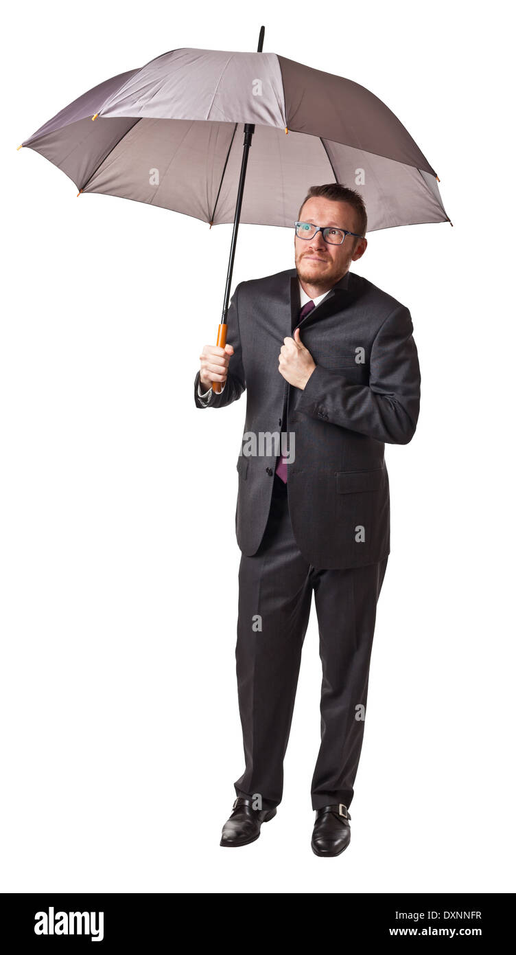Homme avec parapluie isolé sur fond blanc Banque D'Images