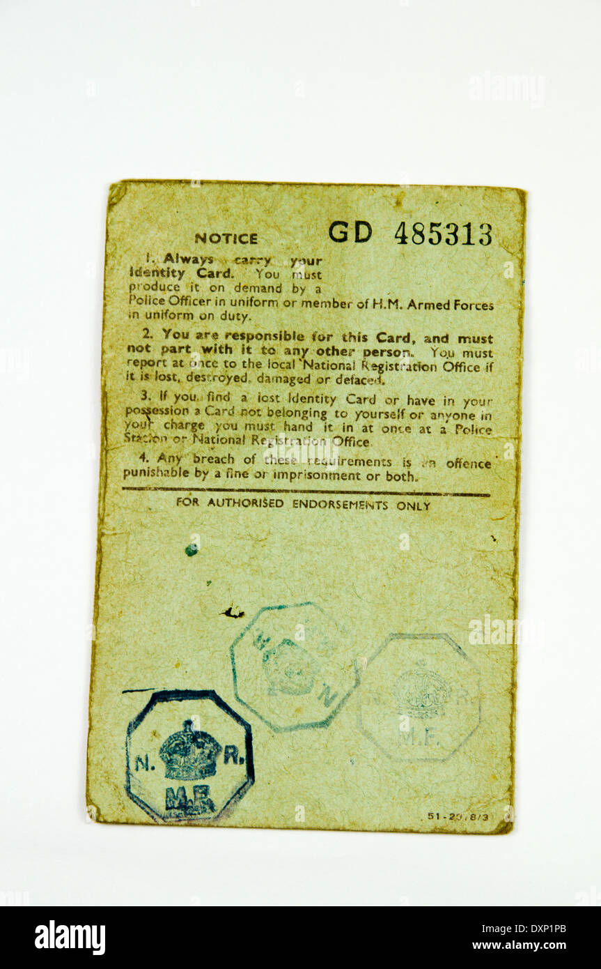Temps de guerre Carte d'identité nationale. United Kingdom Banque D'Images