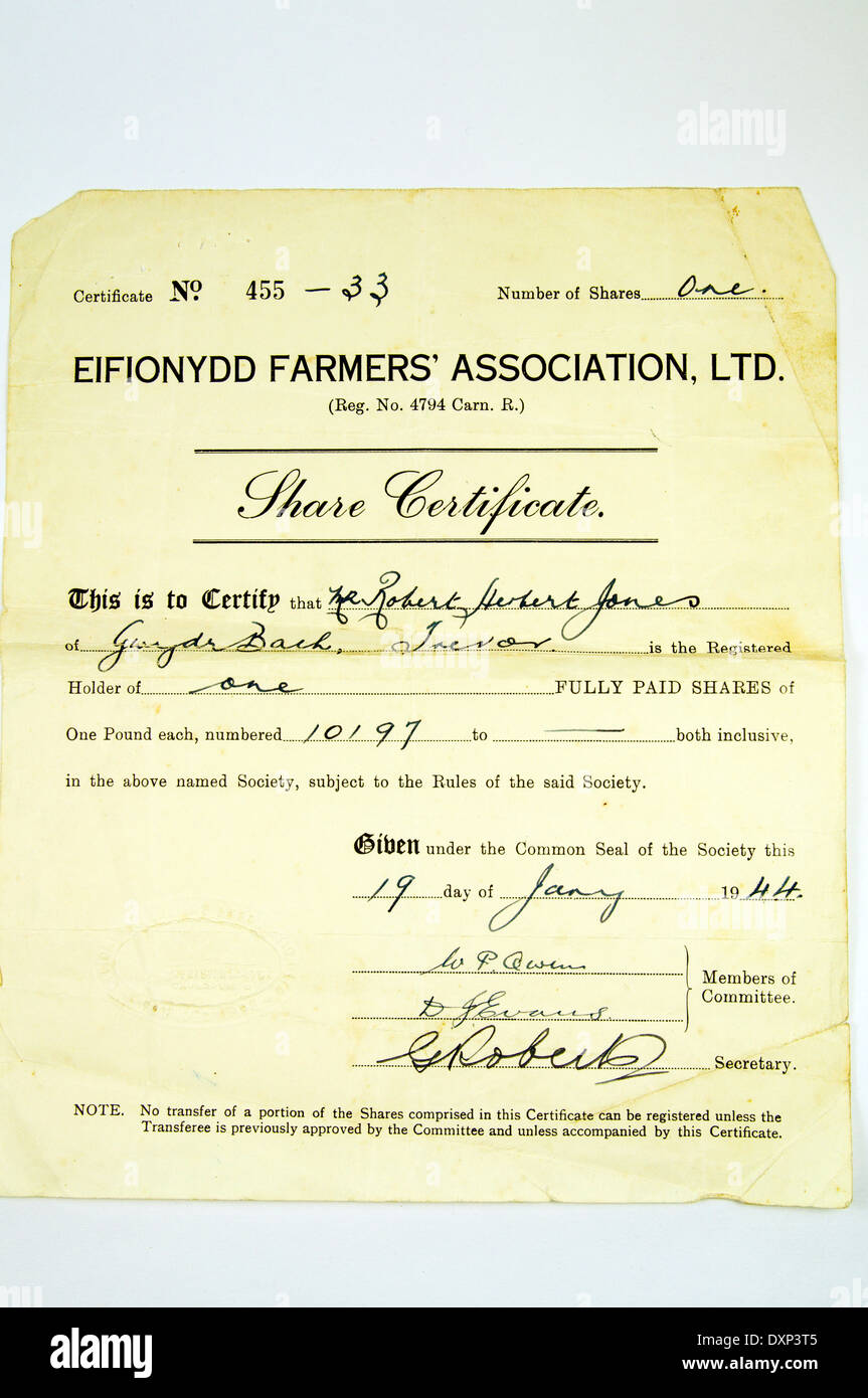 Certificat d'actions pour Eifionydd Farmers Association datant de 1944. Banque D'Images