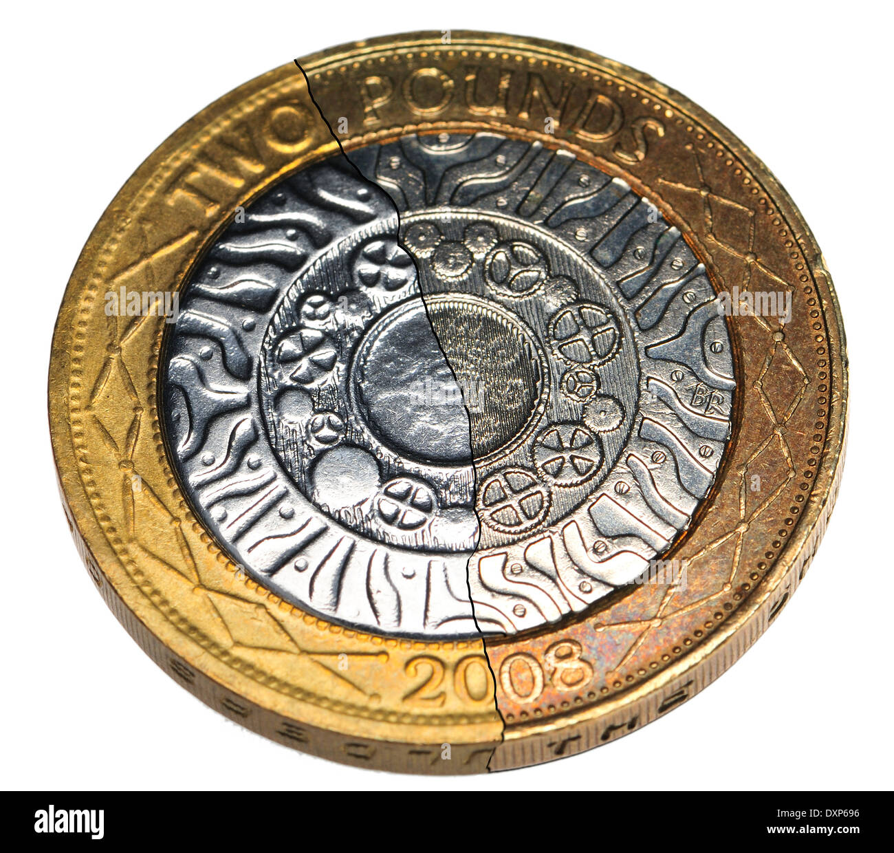 La contrefaçon des pièces de 2 € (à gauche) par rapport à l'authentique (à droite) montrant le manque de détail et d'autre couleur Banque D'Images