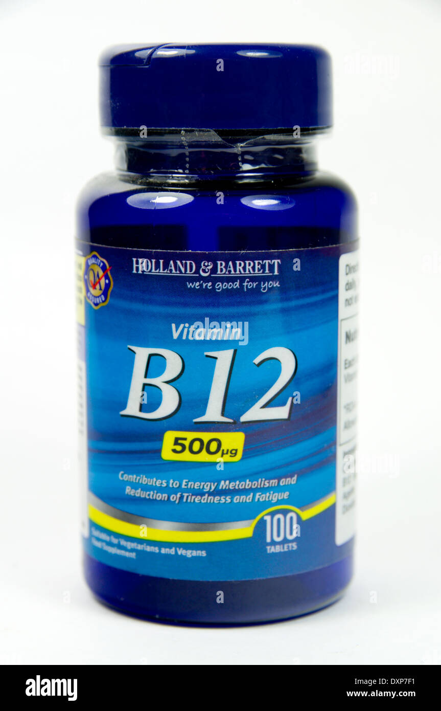 Bouteille de comprimés de vitamine B12. Banque D'Images