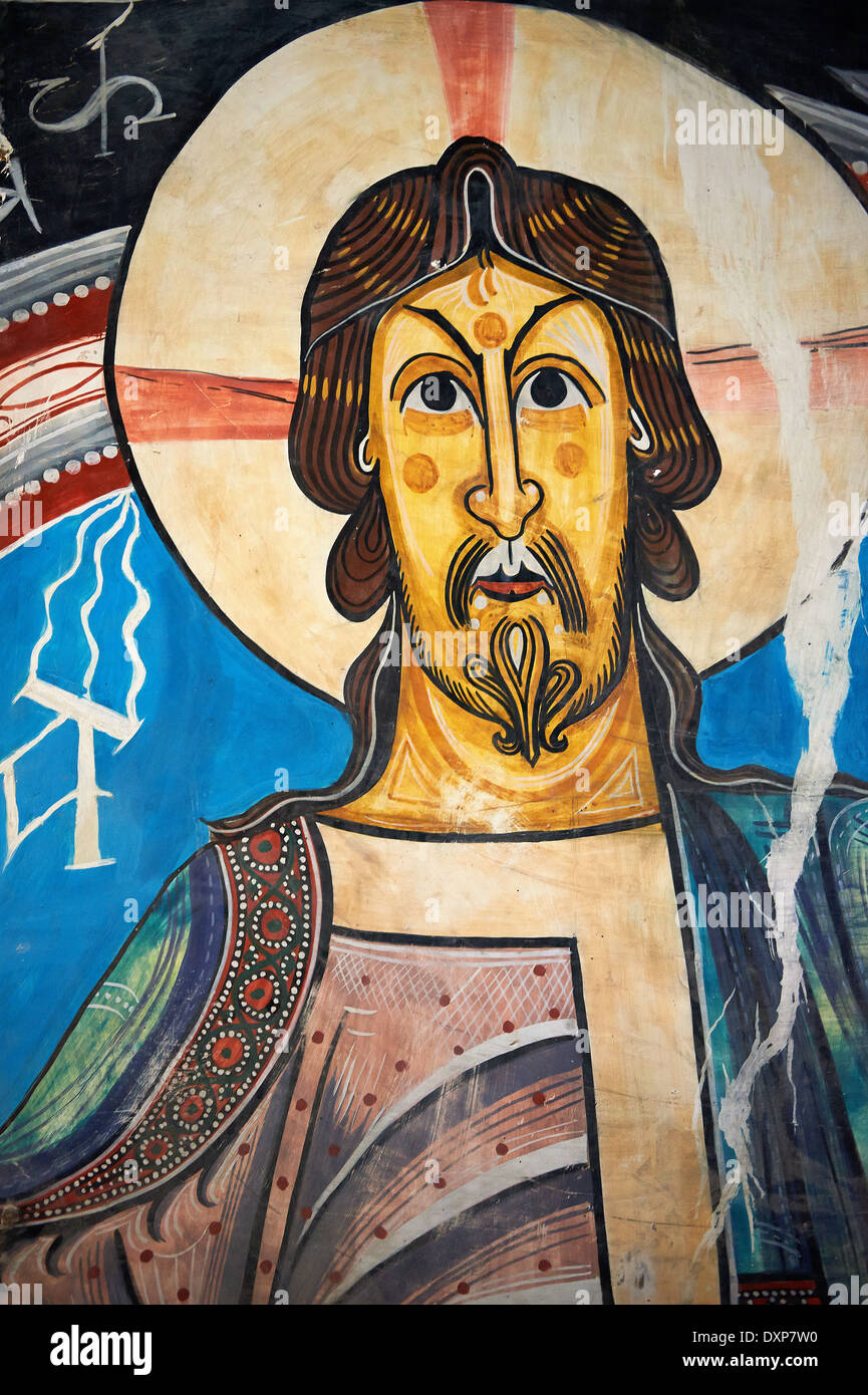 Douzième siècle fresque romane catalane du Christ Pantocrator dans l'église de Saint Climent à Taull, Vall de Boi, Espagne. Banque D'Images