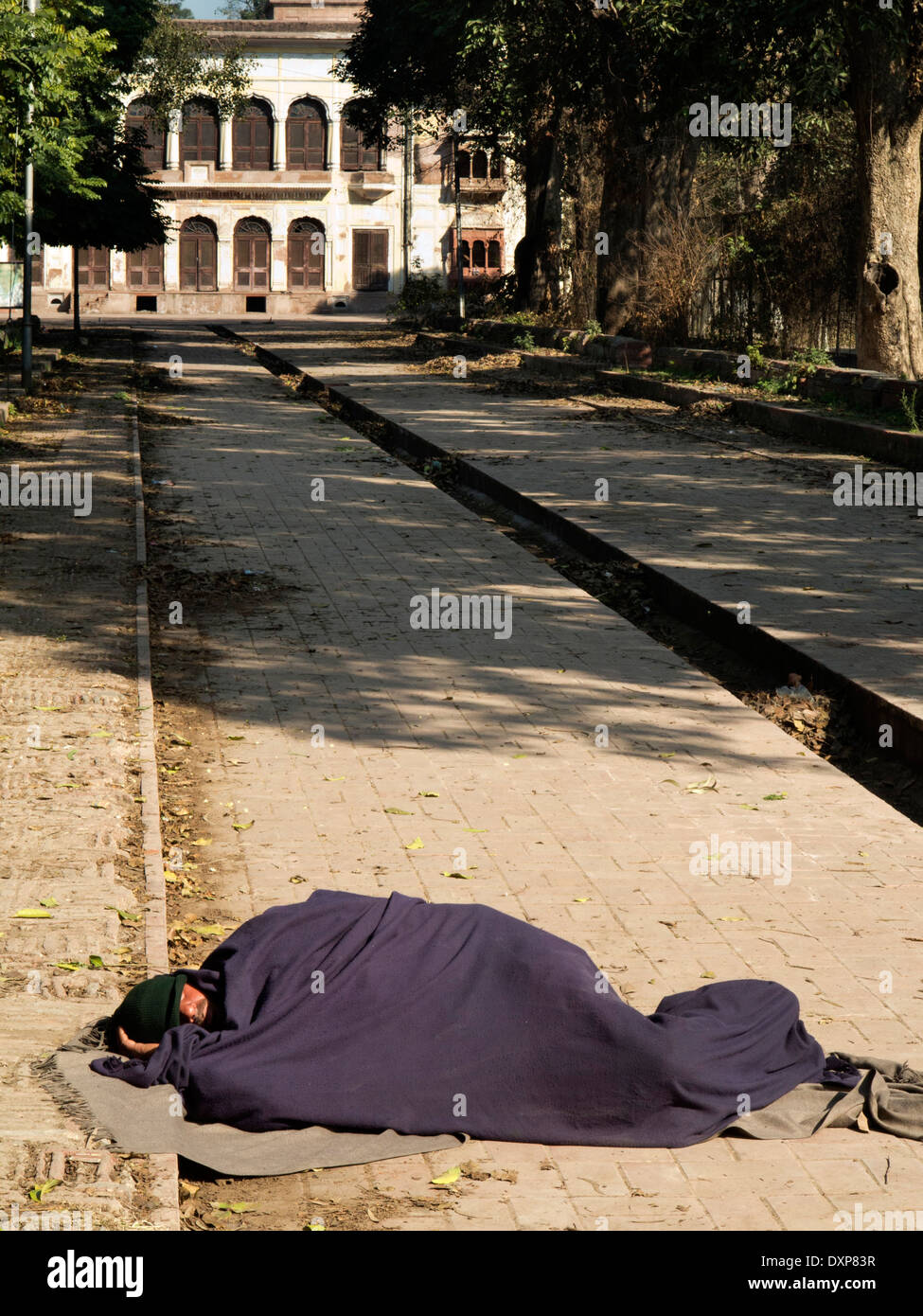 L'Inde, Punjab, Amritsar, Ram Bagh, société, les sans-abri de jardin homme endormi sous couverture sur road Banque D'Images