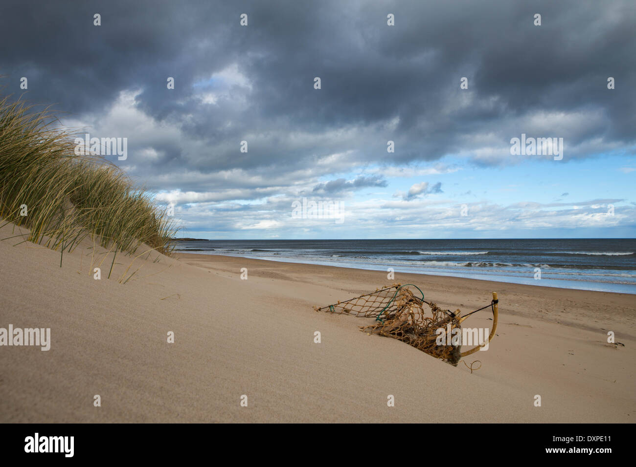 Broken old lobster pot sur une plage vide dans le Northumberland. Banque D'Images