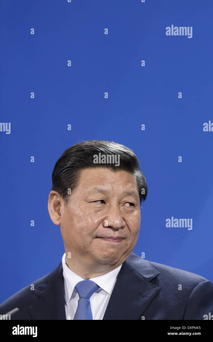 Berlin, Allemagne. Mar 28, 2014. Conférence de presse commune du président chinois Xi Jinping par la chancelière allemande, Angela Merkel à la chancellerie à Berlin./Photo : Xi Jinping, président de la Chine, à Berlin, Allemagne, le 28 mars 2014. Credit : Reynaldo Paganelli/NurPhoto ZUMAPRESS.com/Alamy/Live News Banque D'Images