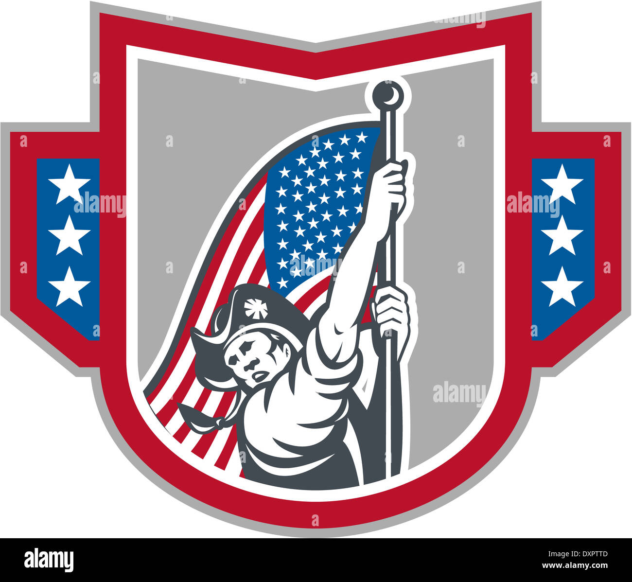 Illustration d'un patriote américain brandissant un drapeau américain drapeau est défini à l'intérieur du bouclier crest isolées sur fond blanc. Banque D'Images