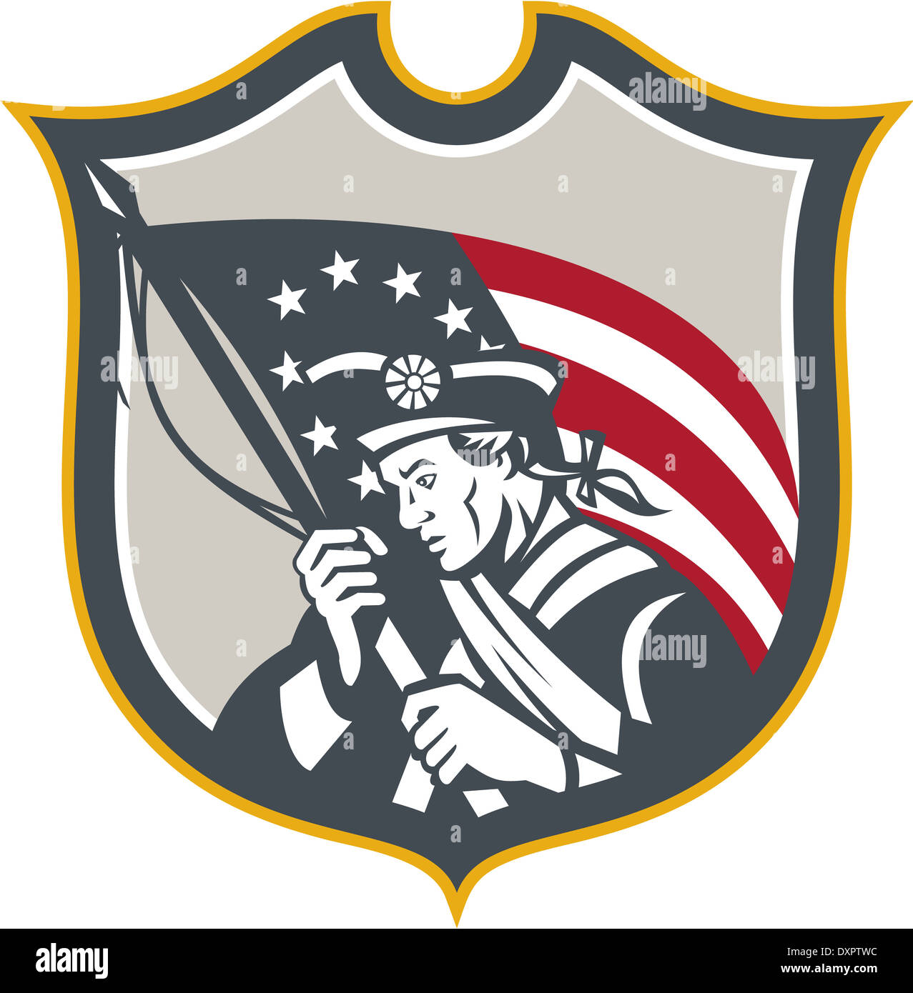 Illustration d'un patriote américain tenant un drapeau USA Betsy Ross situé à l''intérieur crest protection sur fond blanc isolé fait en style rétro. Banque D'Images