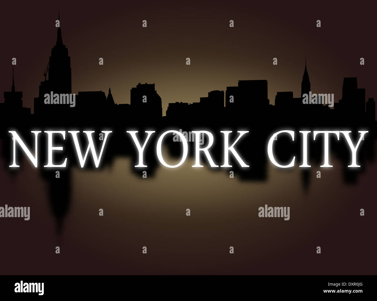 New York City skyline reflétée avec ciel dramatique et texte illustration Banque D'Images