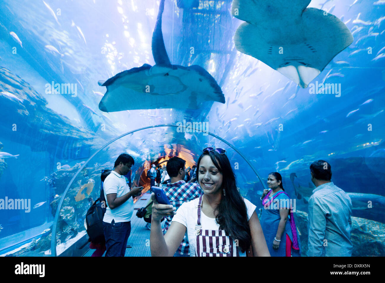 Les gens dans le tunnel à la Dubai aquarium et zoo sous-marin, le centre commercial de DUBAÏ, ÉMIRATS ARABES UNIS, Dubaï, Emirats Arabes Unis Banque D'Images