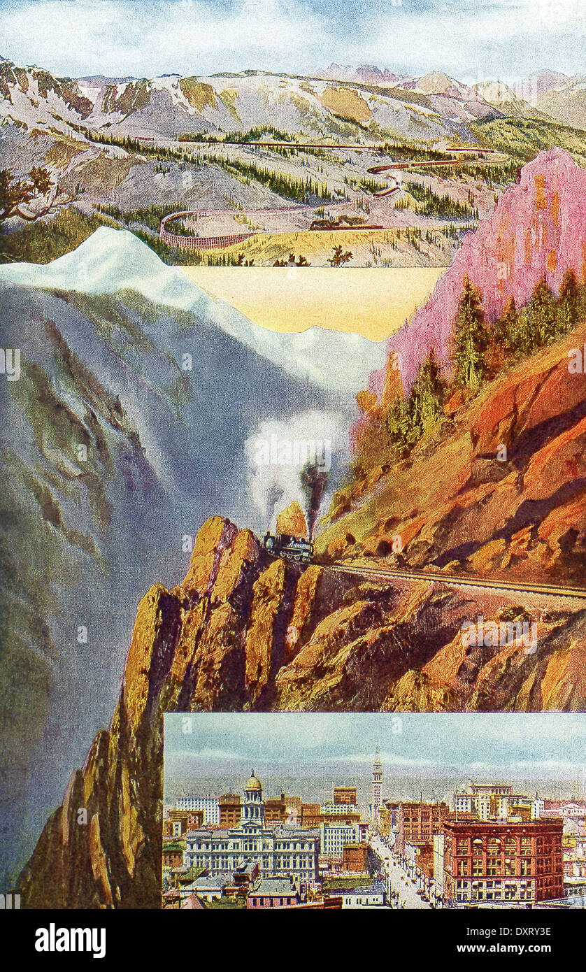 Ces scènes de Denver, Colorado, les montagnes et le chemin de fer qui longe les bords de la falaise date pour 1909. Banque D'Images
