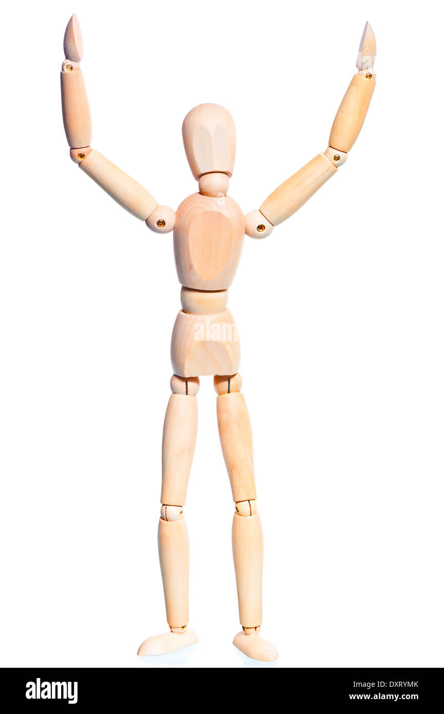 Homme de bois avec les mains posées sur fond blanc Banque D'Images