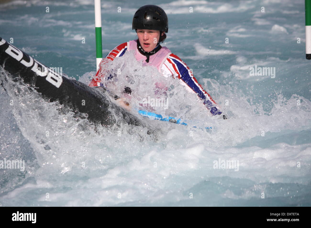 London, UK . Mar 29, 2014. Jour 2 - Forêt de Kimberley en compétition dans le GO 2014 Slalom Essais de sélection. Lee Valley White Water Centre, London Crédit : Grant Burton/Alamy Live News Banque D'Images