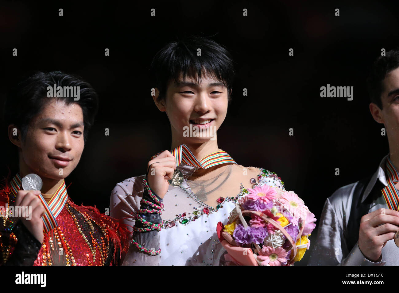 Saitama, Japon. Mar 28, 2014. (L-R) Tatsuki Machida, Yuzuru Hanyu (JPN) Figure Skating : (de G à D) 2ème placé Tatsuki Machida et Yuzuru Hanyu Gagnant du Japon posent pour des photos de la cérémonie pour le patinage libre au Saitama Super Arena au cours de l'ISU World Figure Skating Championship à Saitama, Japon . © Hitoshi Mochizuki/AFLO/Alamy Live News Banque D'Images
