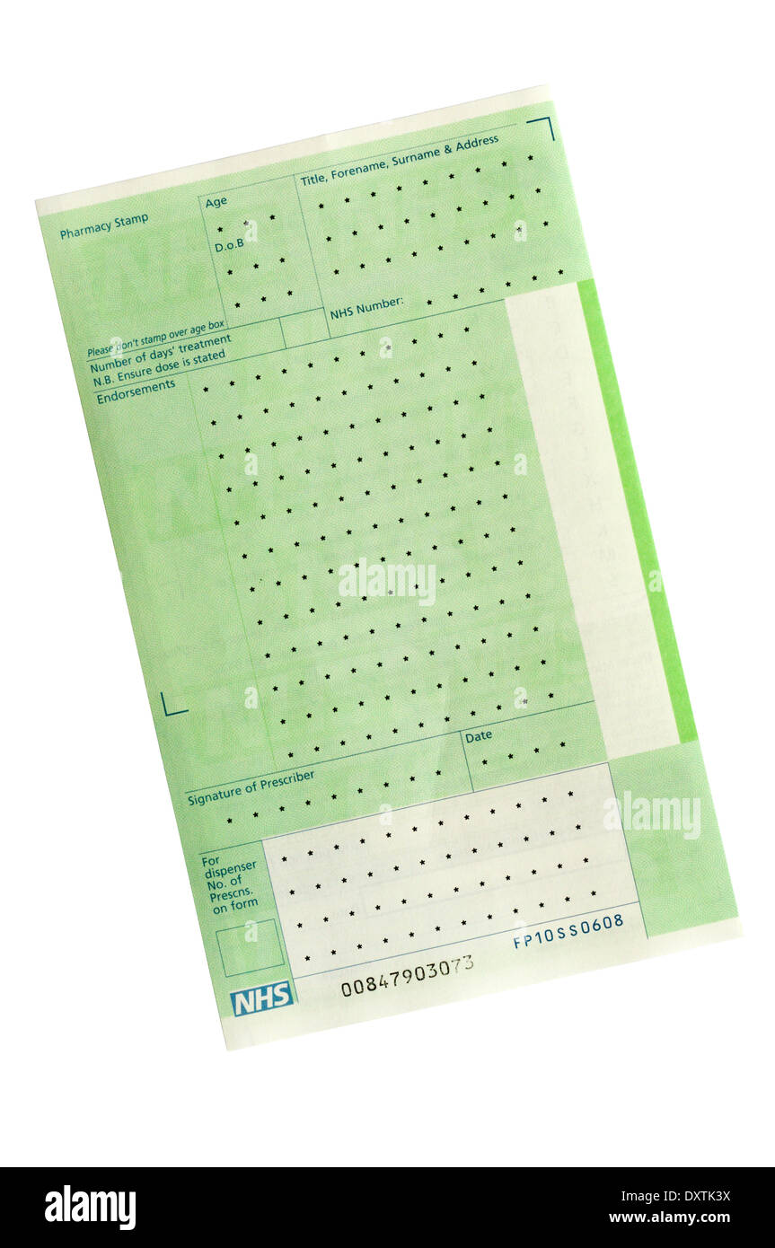 Un chèque en blanc et annulés sous forme de prescription médicale du NHS Banque D'Images