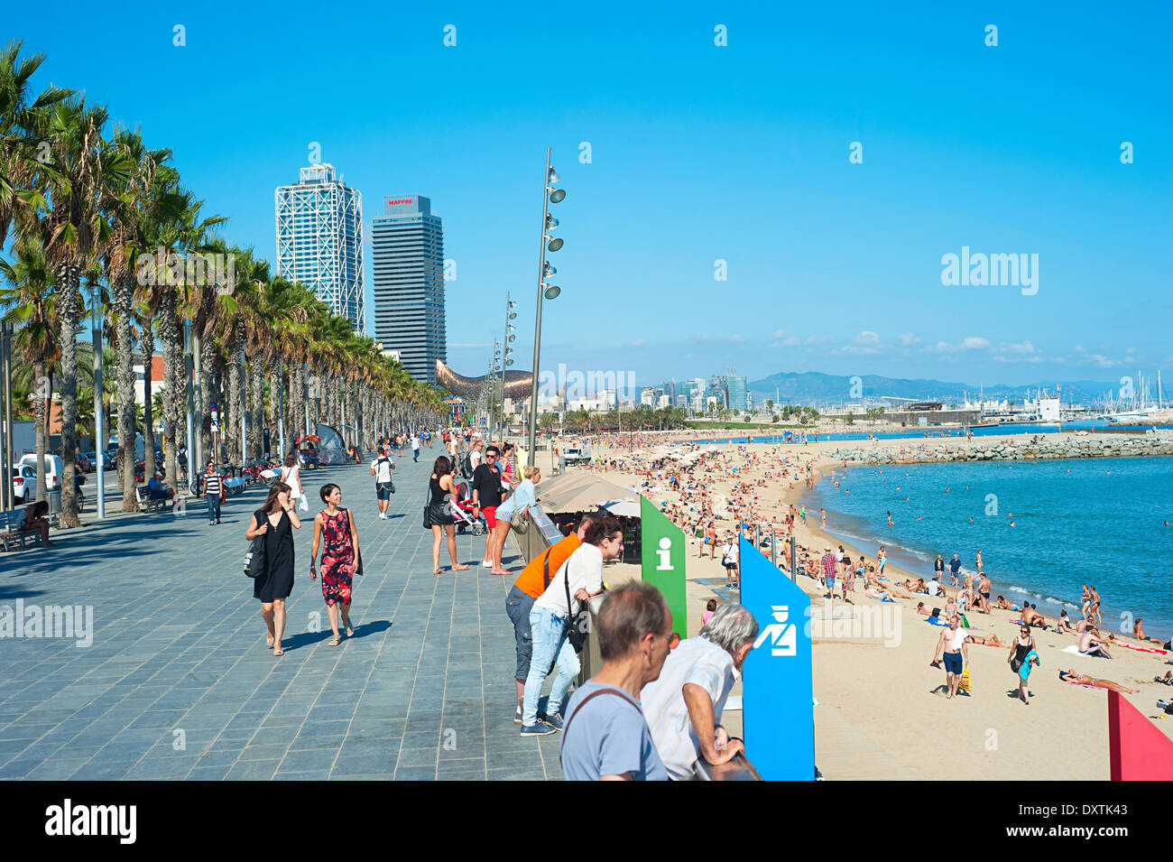 Des personnes non identifiées à la Barcelona City beach. 400 mètres de long, c'est l'une des 10 meilleures plages urbaines du monde. Banque D'Images