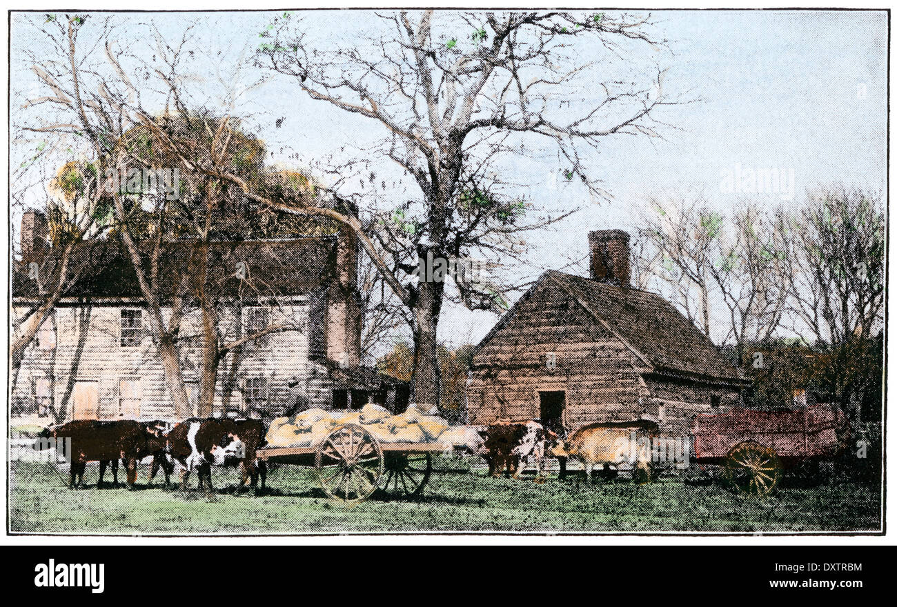 En chariot à bœufs en face d'une ancienne ferme du New Jersey, 1800. La main, d'une photographie de demi-teinte Banque D'Images