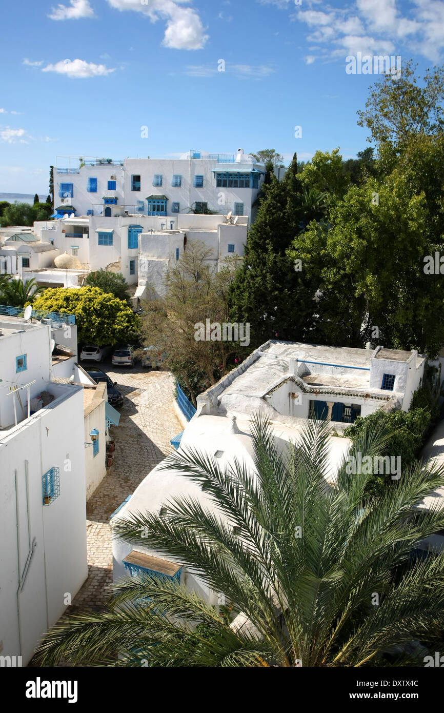 Une vue sur les maisons de Sidi Bou Saïd, Tunisie. Banque D'Images