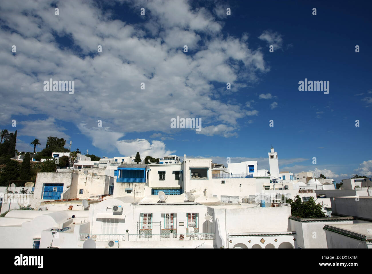 Vue de maisons de Sidi Bou Saïd, Tunisie. Banque D'Images