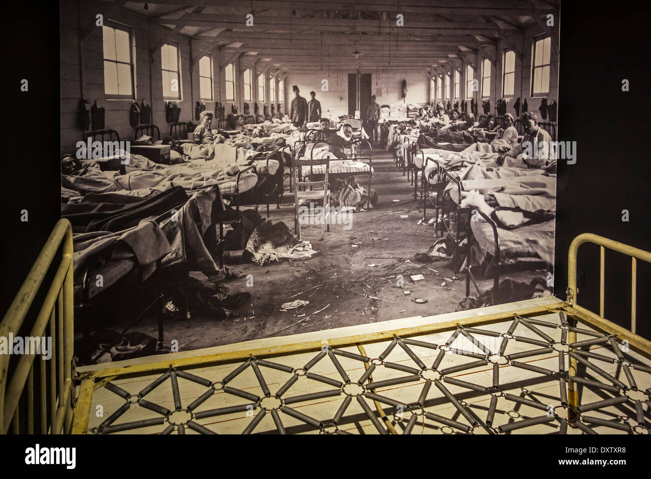 Vieux lit et d'archives photo montrant des soldats blessés WW1 dans la Première Guerre mondiale, un hôpital de campagne à Flandre orientale, Belgique Banque D'Images