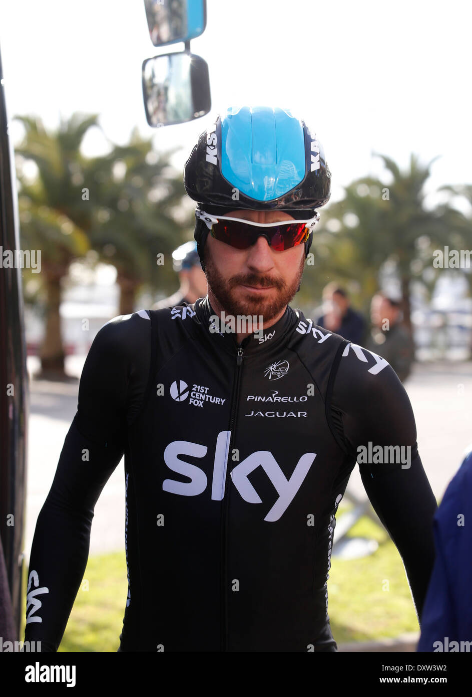 Cavalier britannique Sir Bradley Wiggins vu avant de prendre part à une étape du tour cycliste de Majorque, Espagne. Banque D'Images