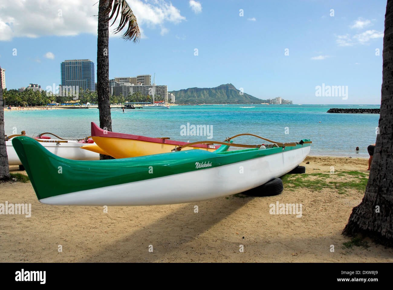 La plage de Waikiki à Honolulu, l'île d'Oahu, dans l'état de New York Banque D'Images