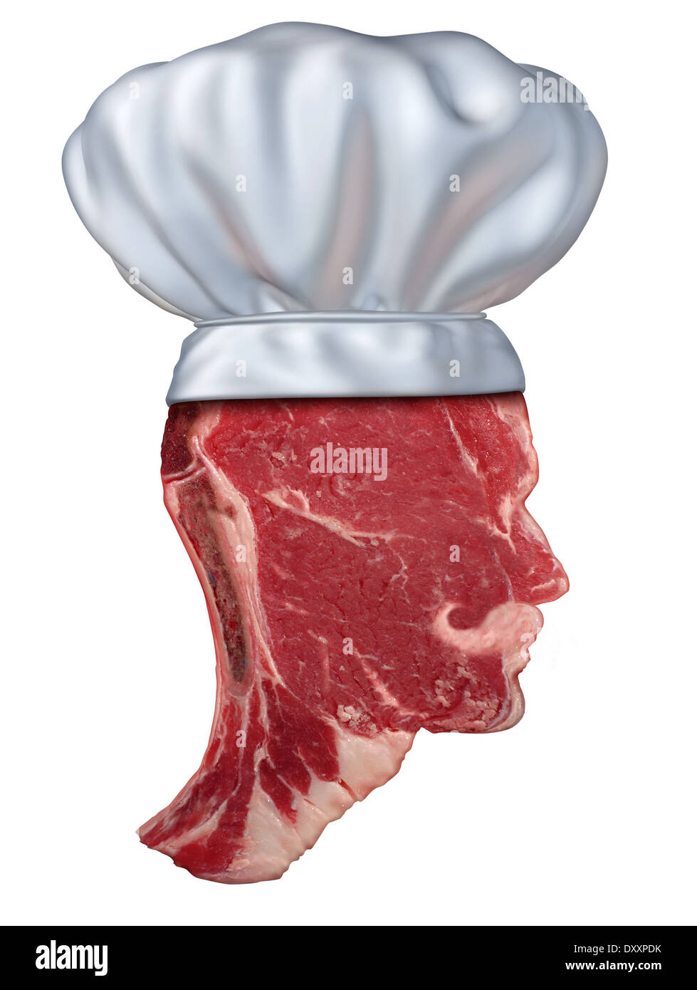 Chef barbecue concept alimentaire avec un steak de viande rouge en forme d'une tête portant un chapeau de cuisson comme un symbole de l'été à griller une partie arrière-cour ou un restaurant isolé sur blanc. Banque D'Images