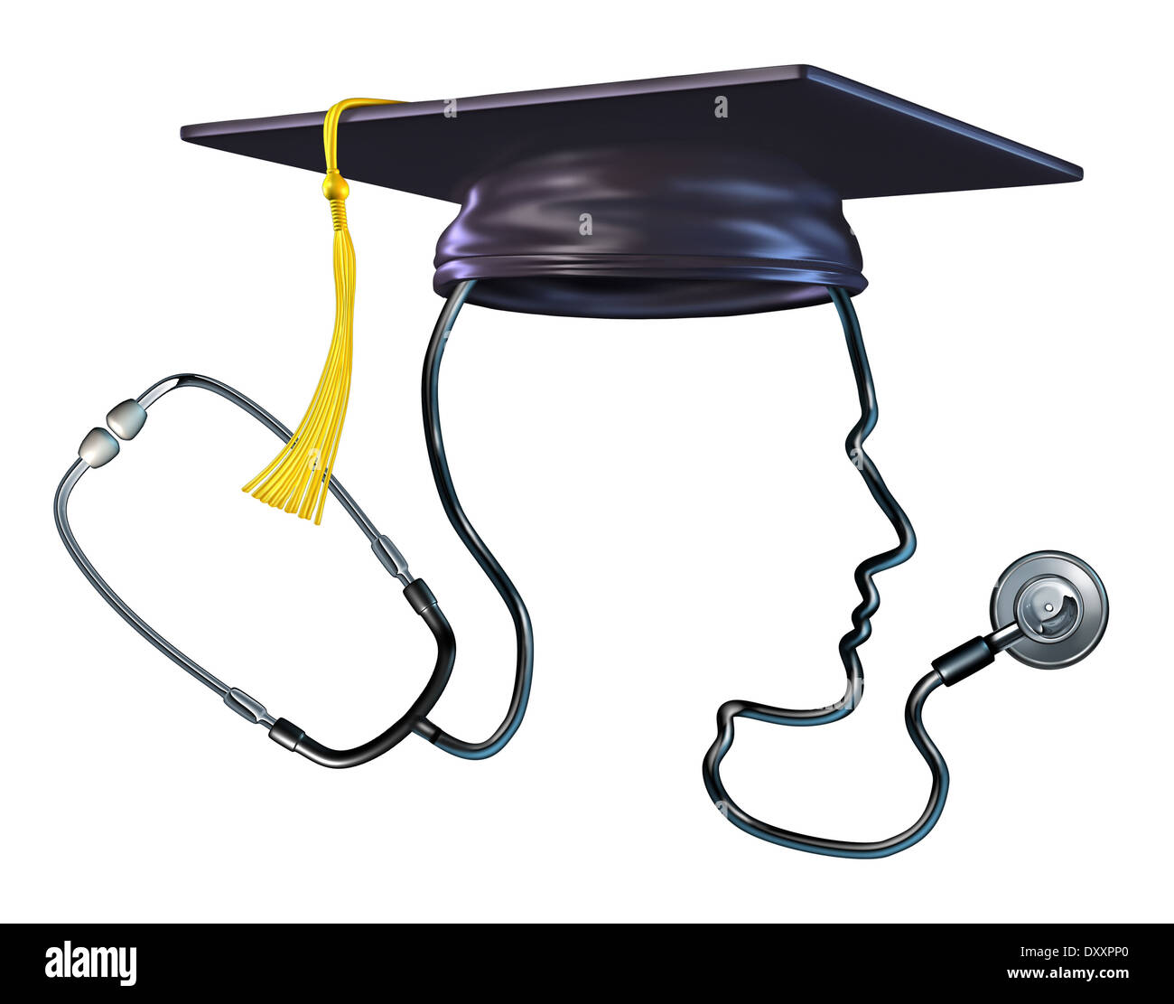 Concept de formation médicale en tant que médecin stéthoscope en forme de tête humaine portant une graduation hat ou comme une métaphore du mortier Banque D'Images