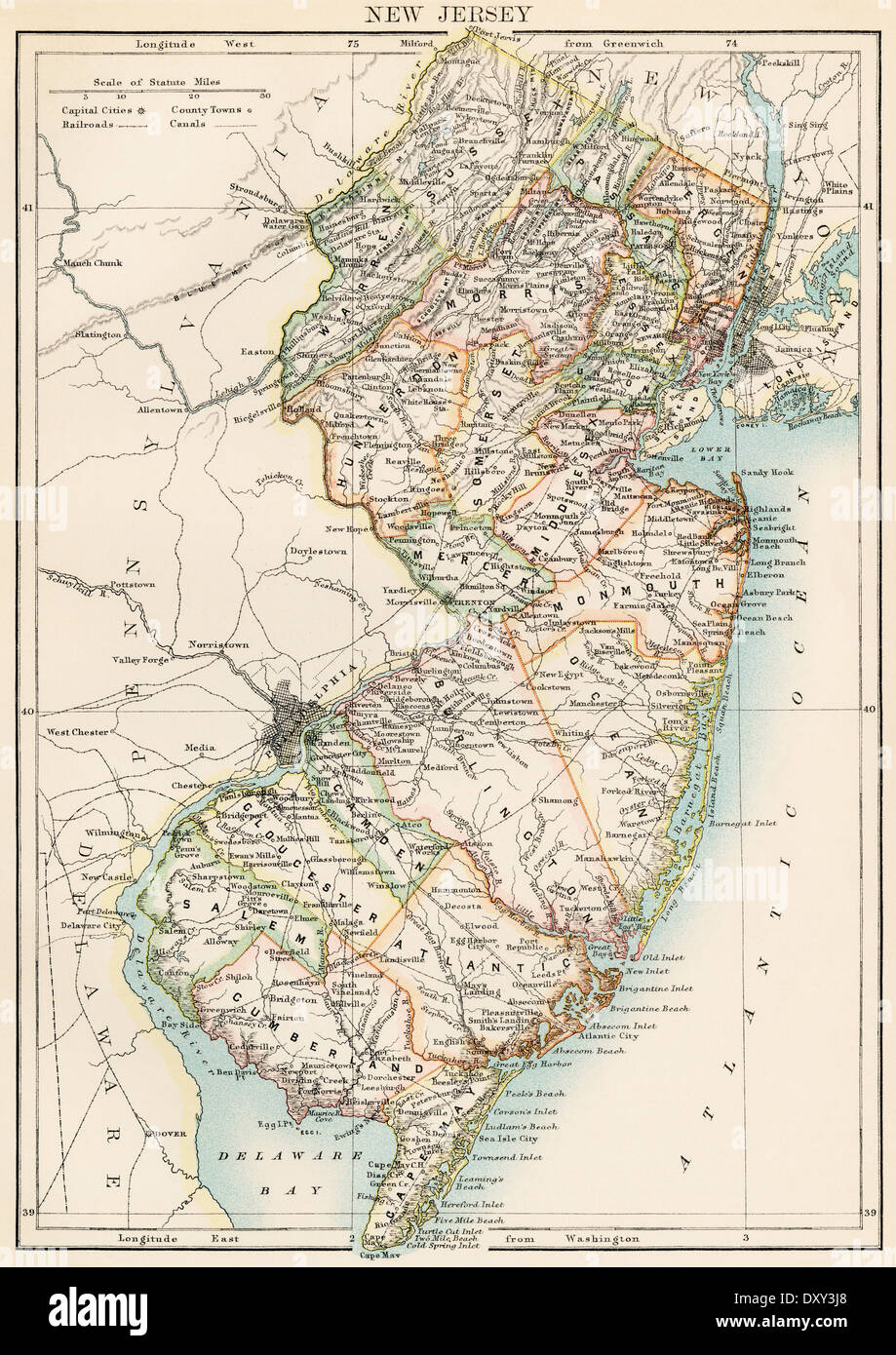 Plan de New Jersey, 1870. Lithographie couleur imprimée Banque D'Images