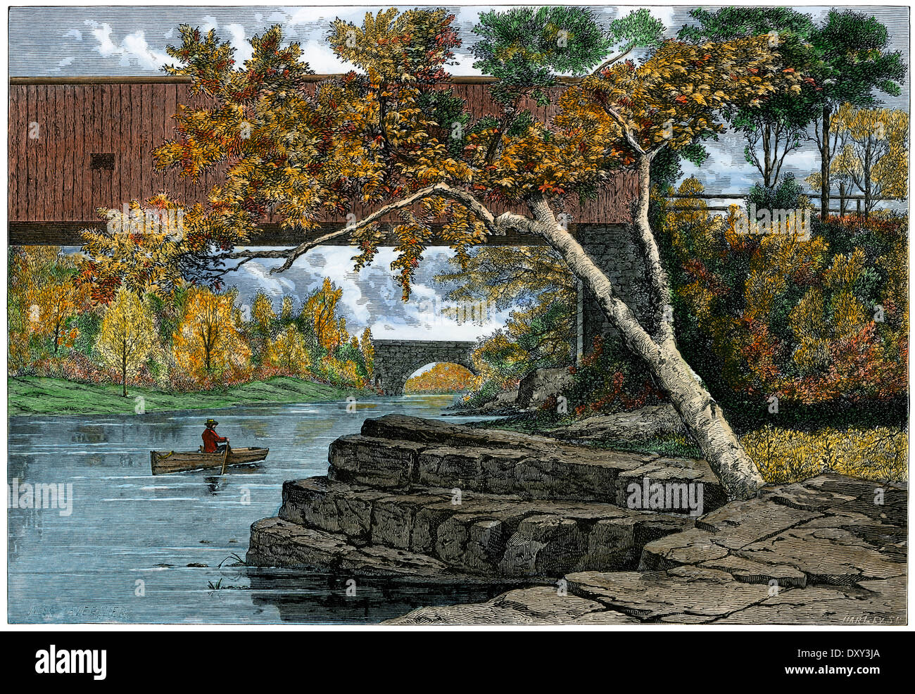 Pont couvert sur la rivière Passaic ci-dessous Little Falls, New Jersey, 1870. À la main, gravure sur bois Banque D'Images