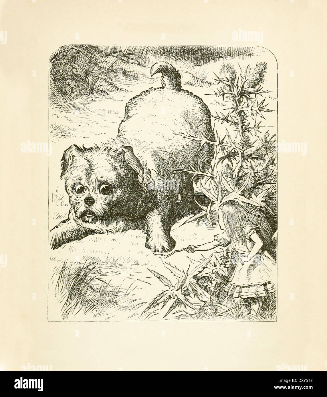 John Tenniel (1820-1914) illustration de 'Alice au pays des merveilles de Lewis Carroll d'abord publié en 1865. Alice et le chiot. Banque D'Images