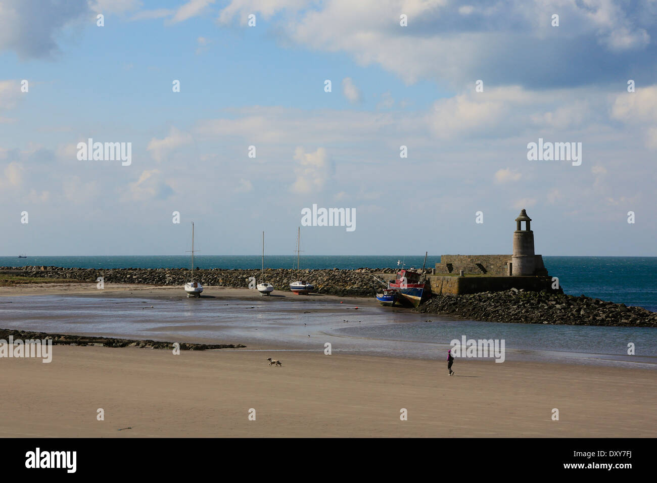 Une femme et son chien à pied sur le port Logan Beach, Port Logan, 'le' Rhines Dumfries et Galloway, Écosse Banque D'Images