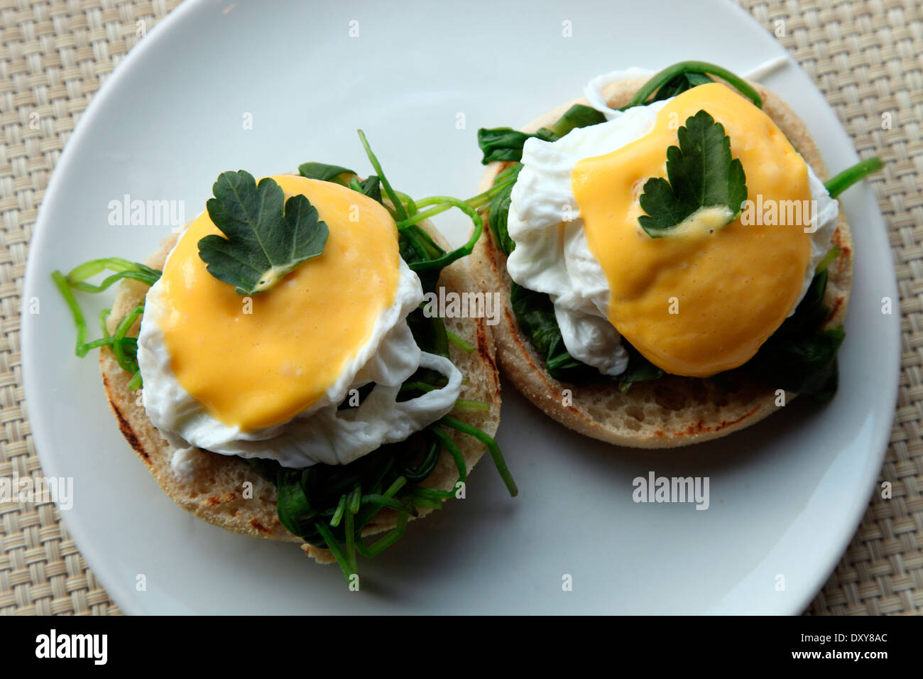 Oeufs florentine, les oeufs pochés sur les épinards avec sauce béchamel Banque D'Images