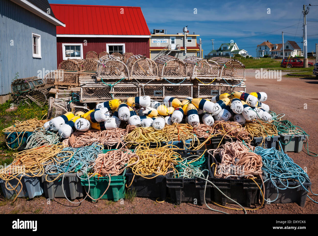 Flotteurs, corde et casiers à homard dans North Rustico, Prince Edward Island, Canada. Banque D'Images