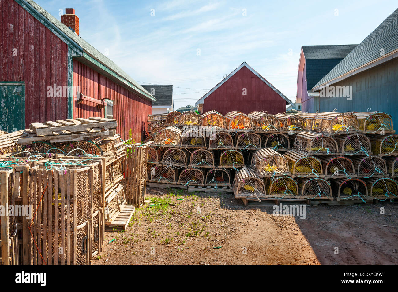 Des piles de casiers à homard en bois entre les bâtiments rustiques dans North Rustico, Prince Edward Island, Canada Banque D'Images