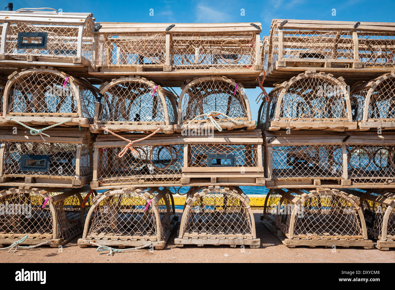 Des piles de casiers à homard en bois sur la jetée dans North Rustico, Prince Edward Island, Canada. Banque D'Images