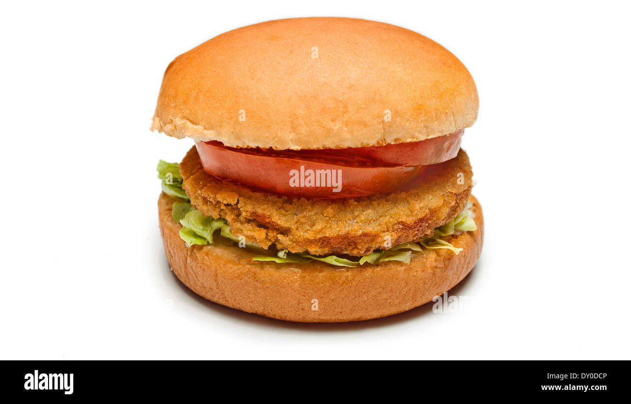 Burger de poulet sur fond blanc Banque D'Images