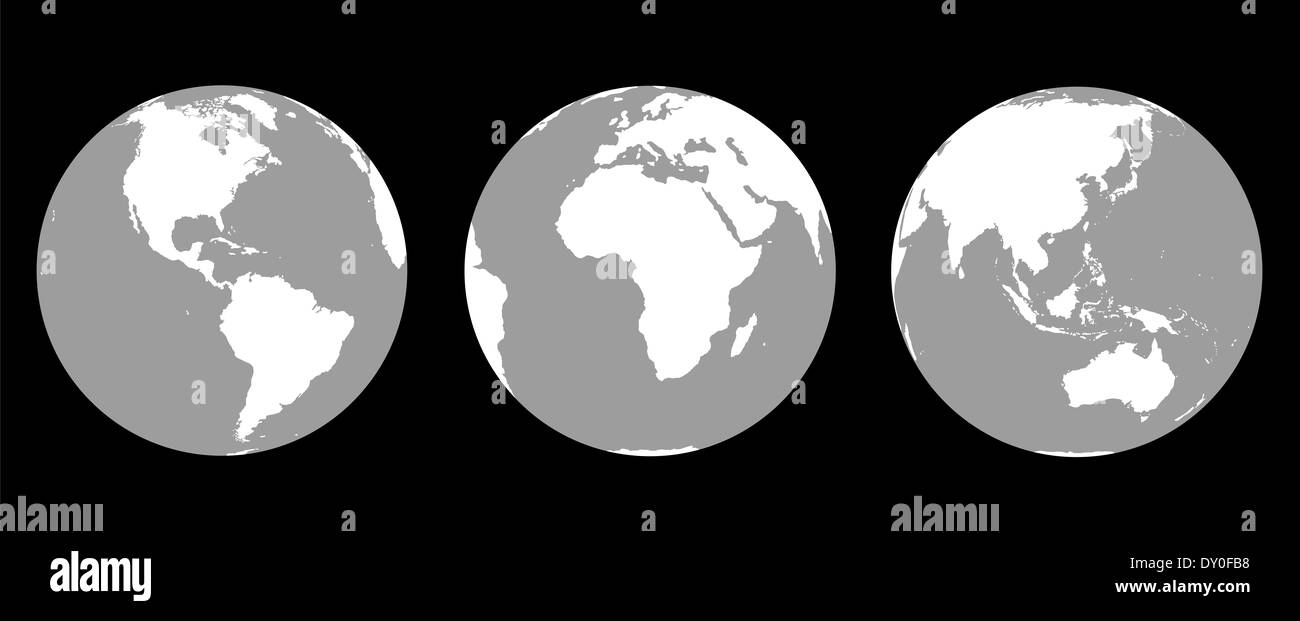 Illustration de l'échelle de gris de la terre sous trois angles différents : l'Amérique, l'Europe et l'Afrique, Asie et Australie. Banque D'Images