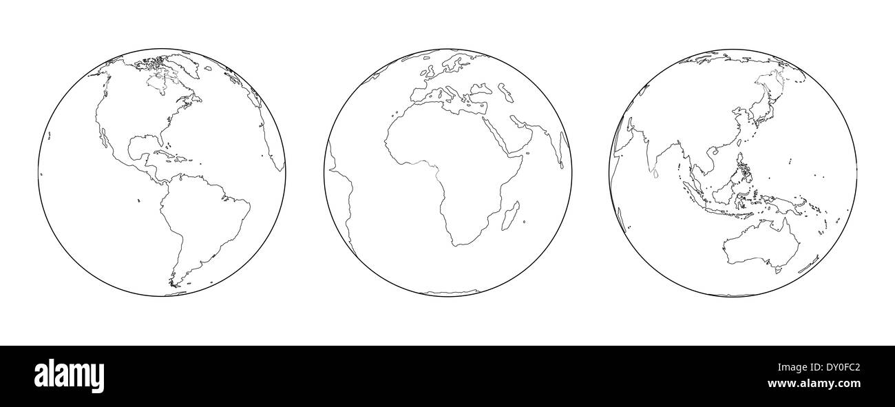 Contours de la terre illustration sous trois angles différents : l'Amérique, l'Europe et l'Afrique, Asie et Australie. Banque D'Images